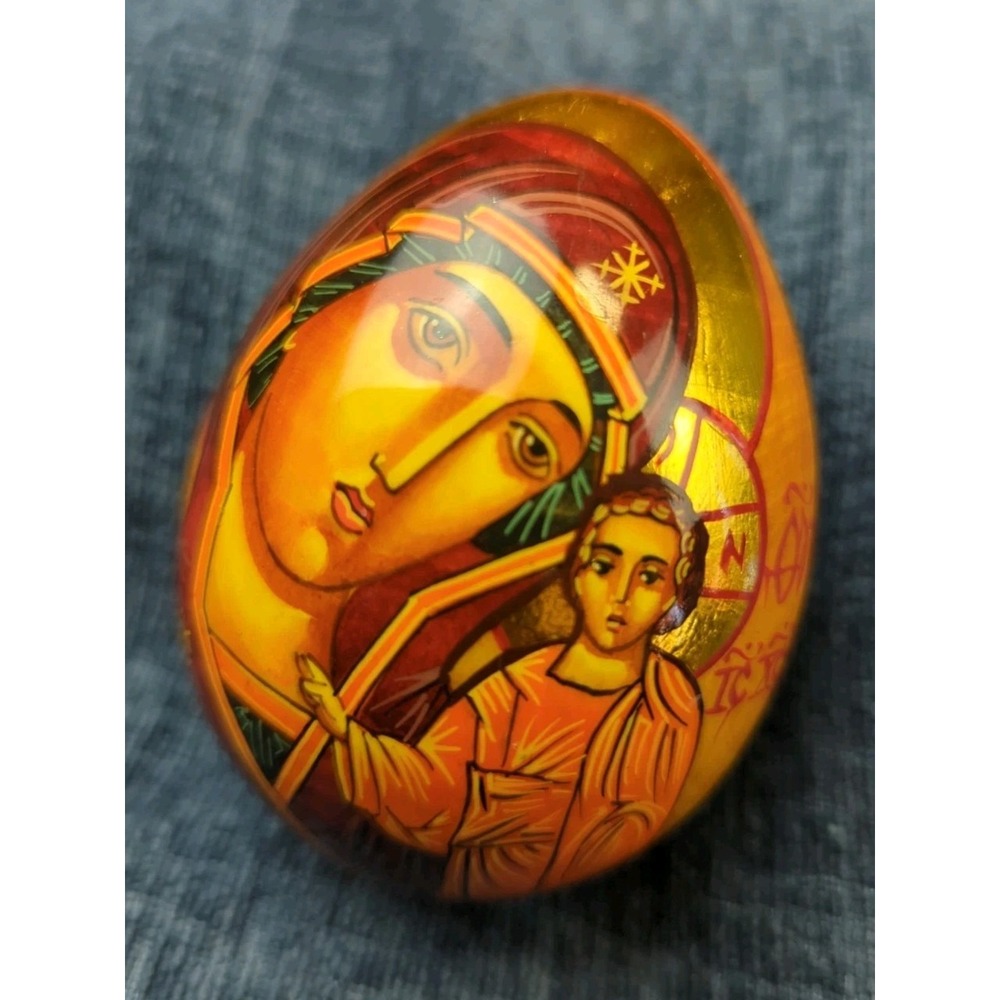 Russian Orthodox Church Wood Egg Mother And Child Religious Icon Hand Painted